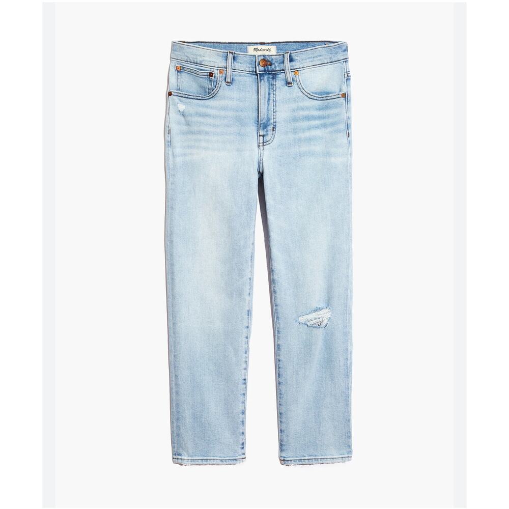 Mid-Rise Classic Straight Jeans in Wellingford Wash: Knee-Rip Edition